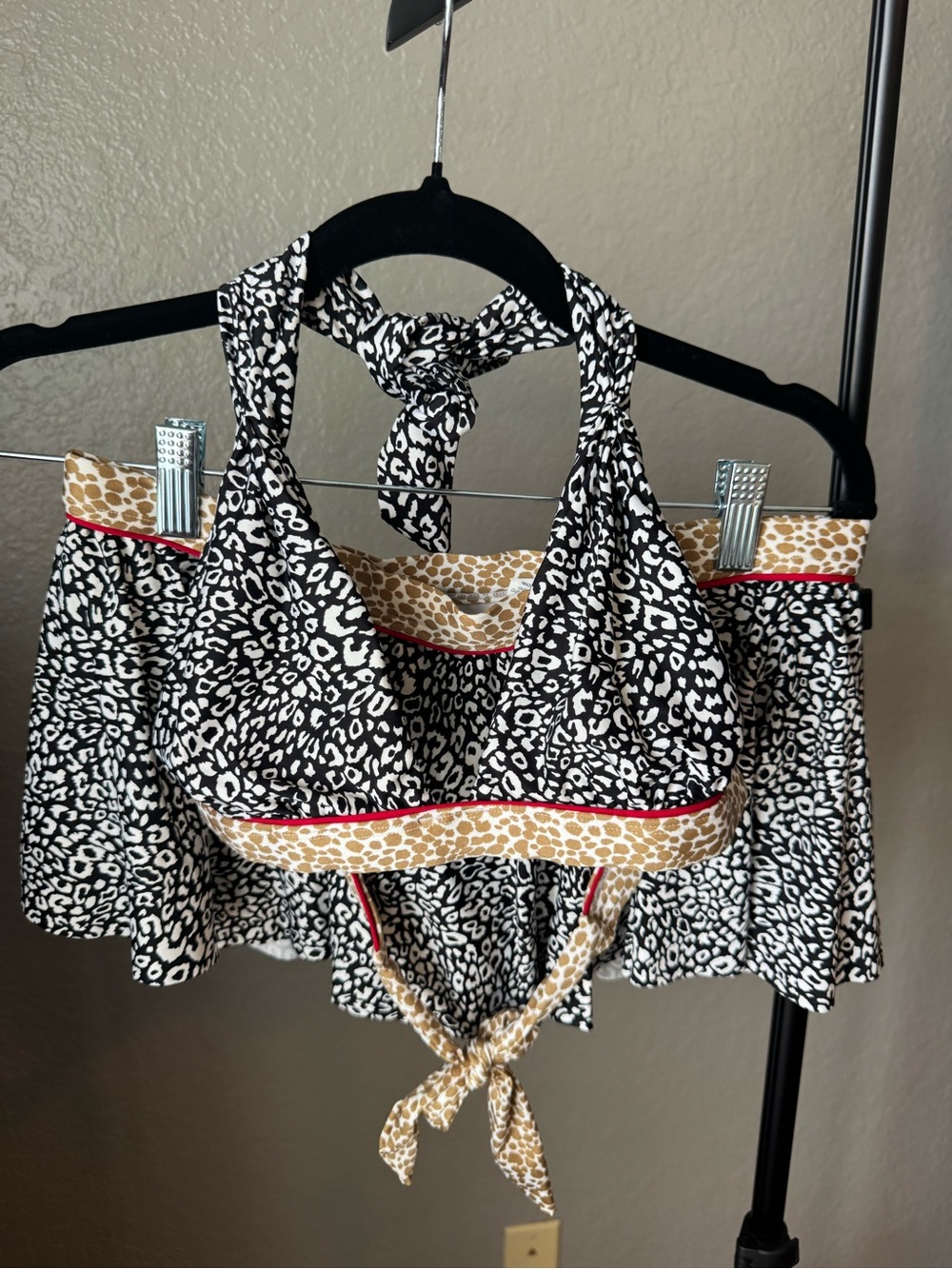 Kenneth Cole Black & Cream Animal Print Halter Top with Red Trim